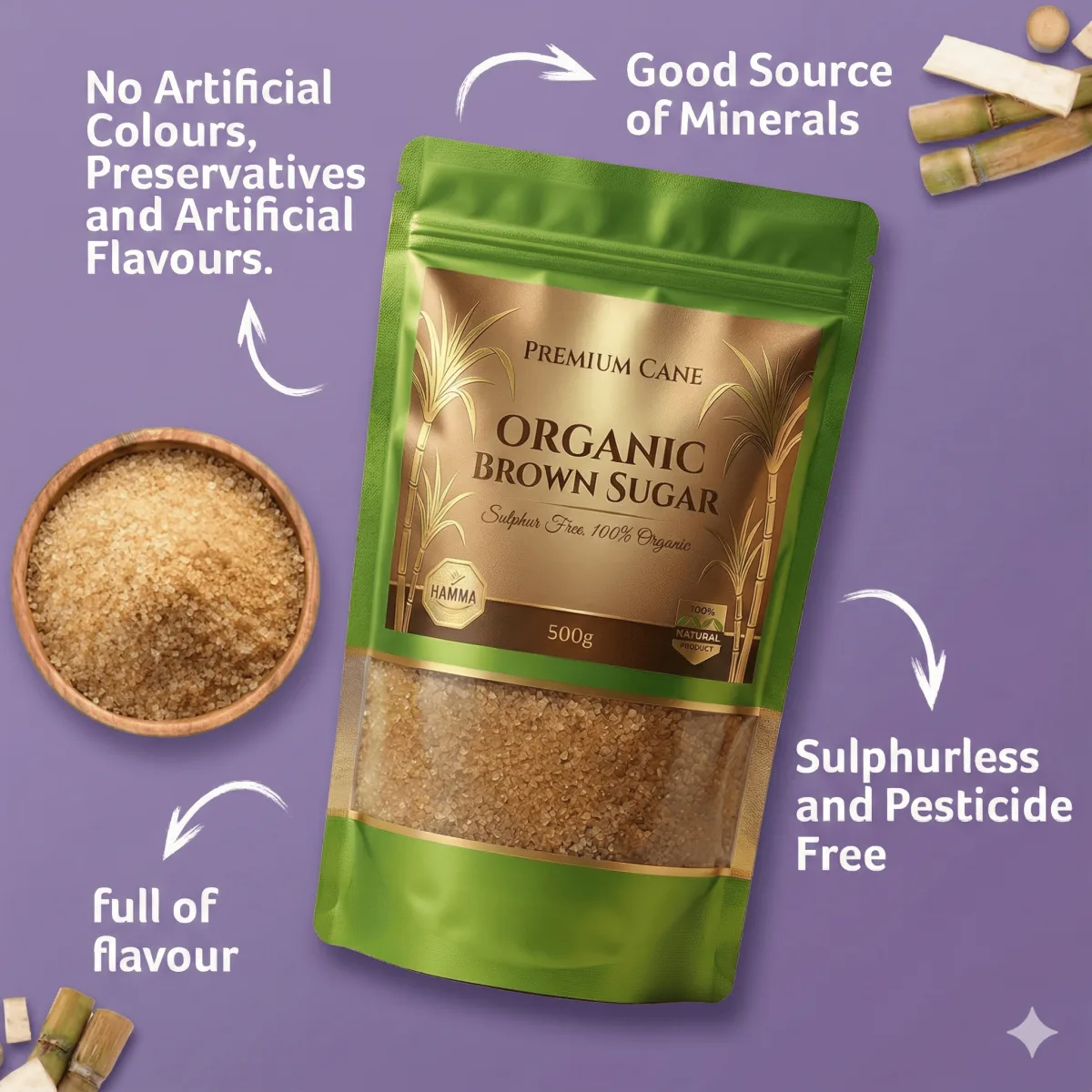 Organic Natural Brown Sugar, Zero Chemicals, Organically Processed, from Freshly Squeezed Sugar Cane Juice, and Enriched with Essentials Nutrients (500g, Pouch)